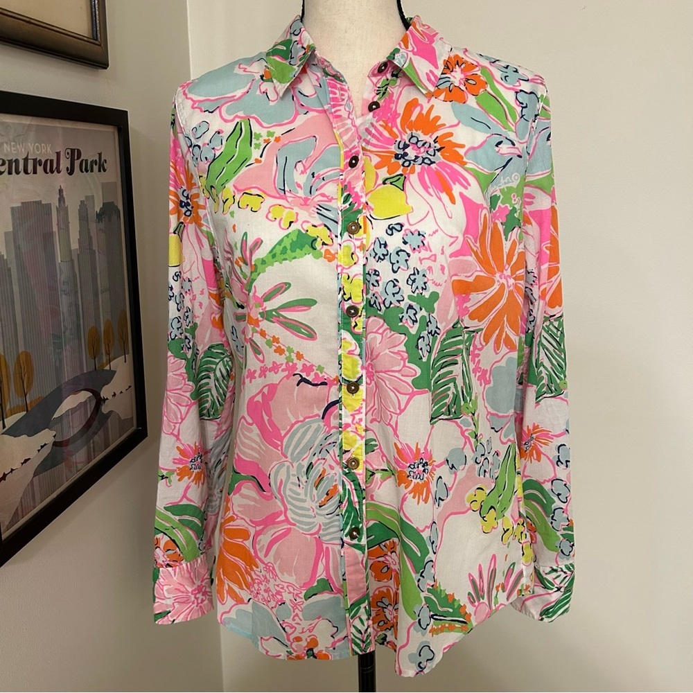 Lilly Pulitzer Floral Button-Down Shirt Pink Green Cotton Size M - Picture 2 of 8